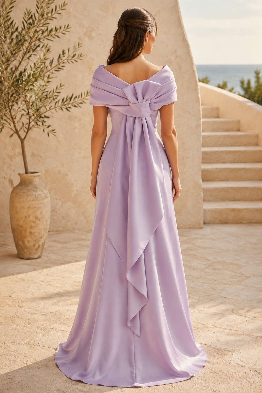 Off-the-Shoulder Satin Gown with Back Cascade Bow