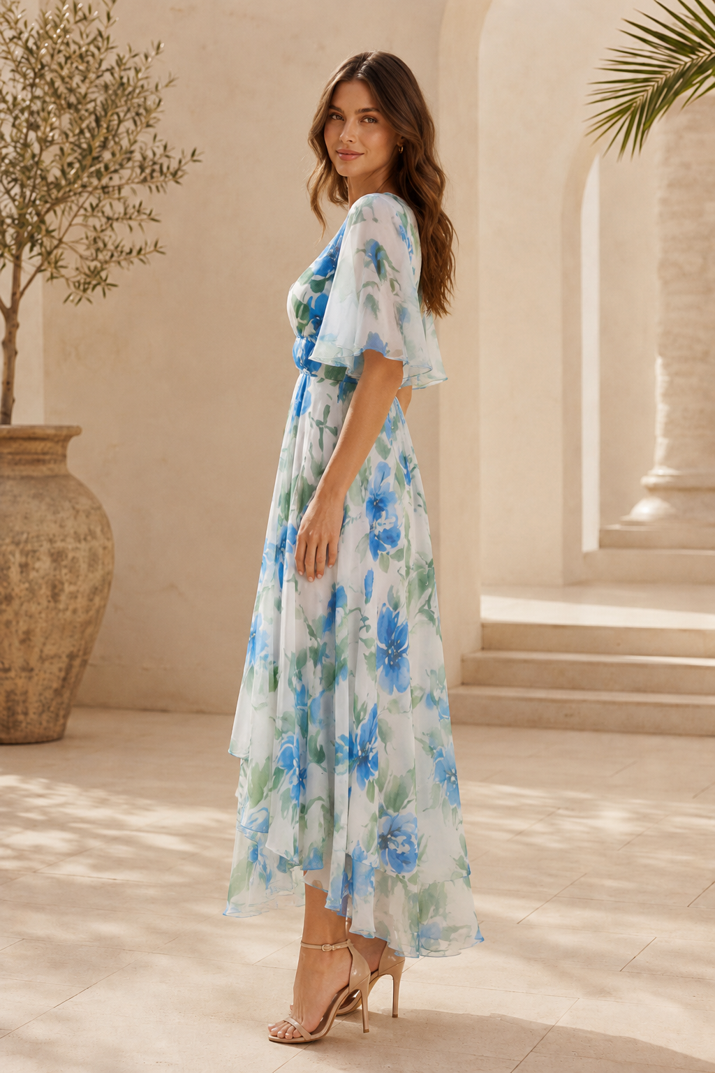 Floral Flutter Sleeve High-Low Maxi Dress