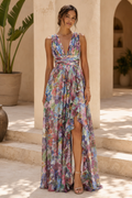 Floral Print Pleated Maxi Dress with High-Low Hem