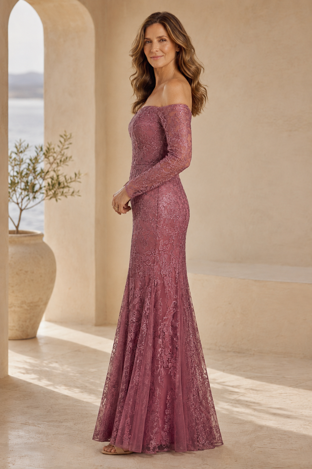 Off-the-Shoulder Lace Long Sleeve Evening Gown