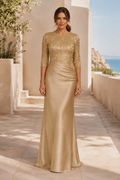 Embroidered 3/4 Sleeve Asymmetrical Satin Gown