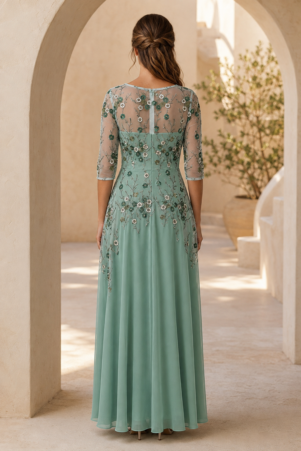 Embroidered Floral Illusion A-Line Maxi Dress