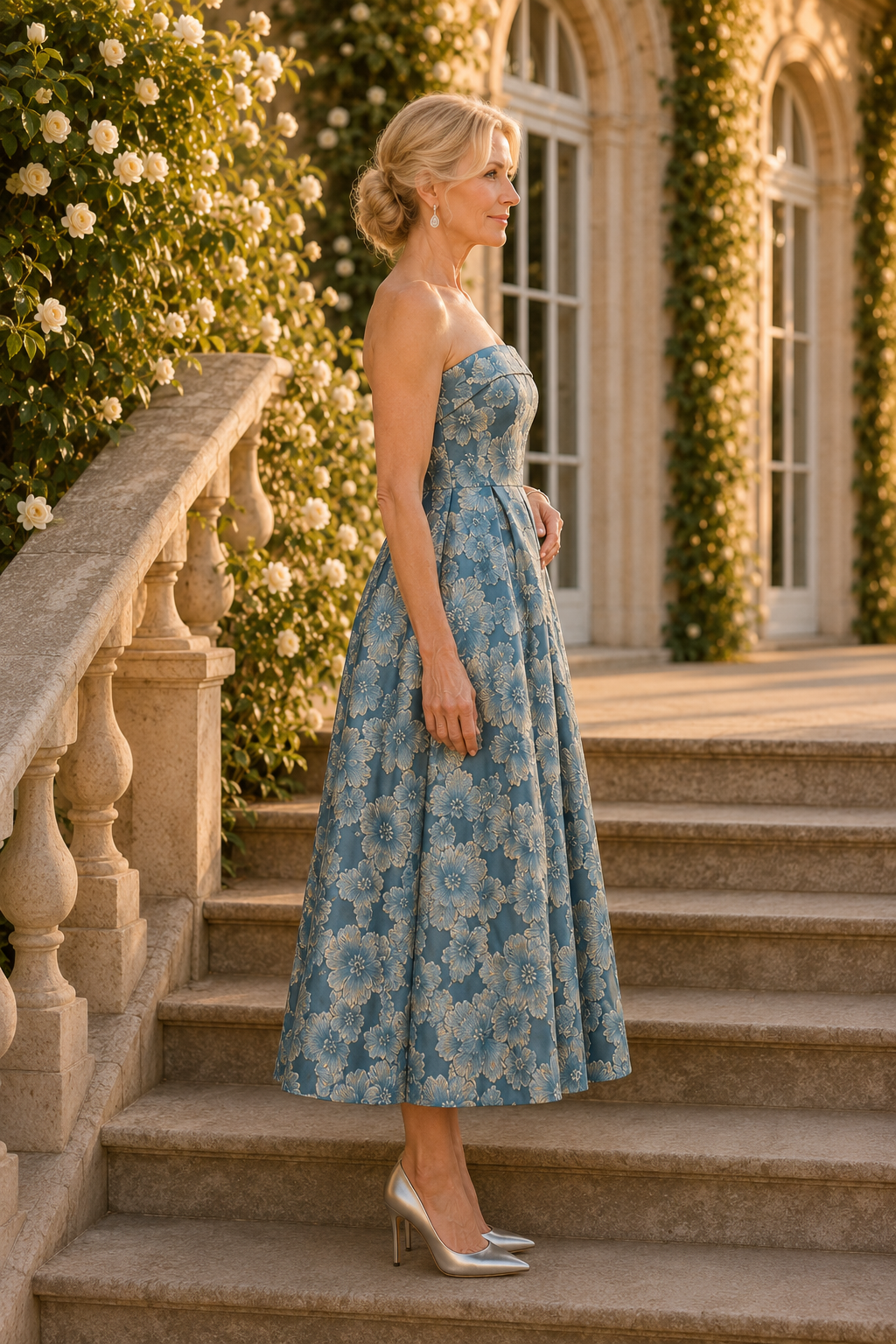 Strapless Floral Jacquard Tea-Length A-Line Dress