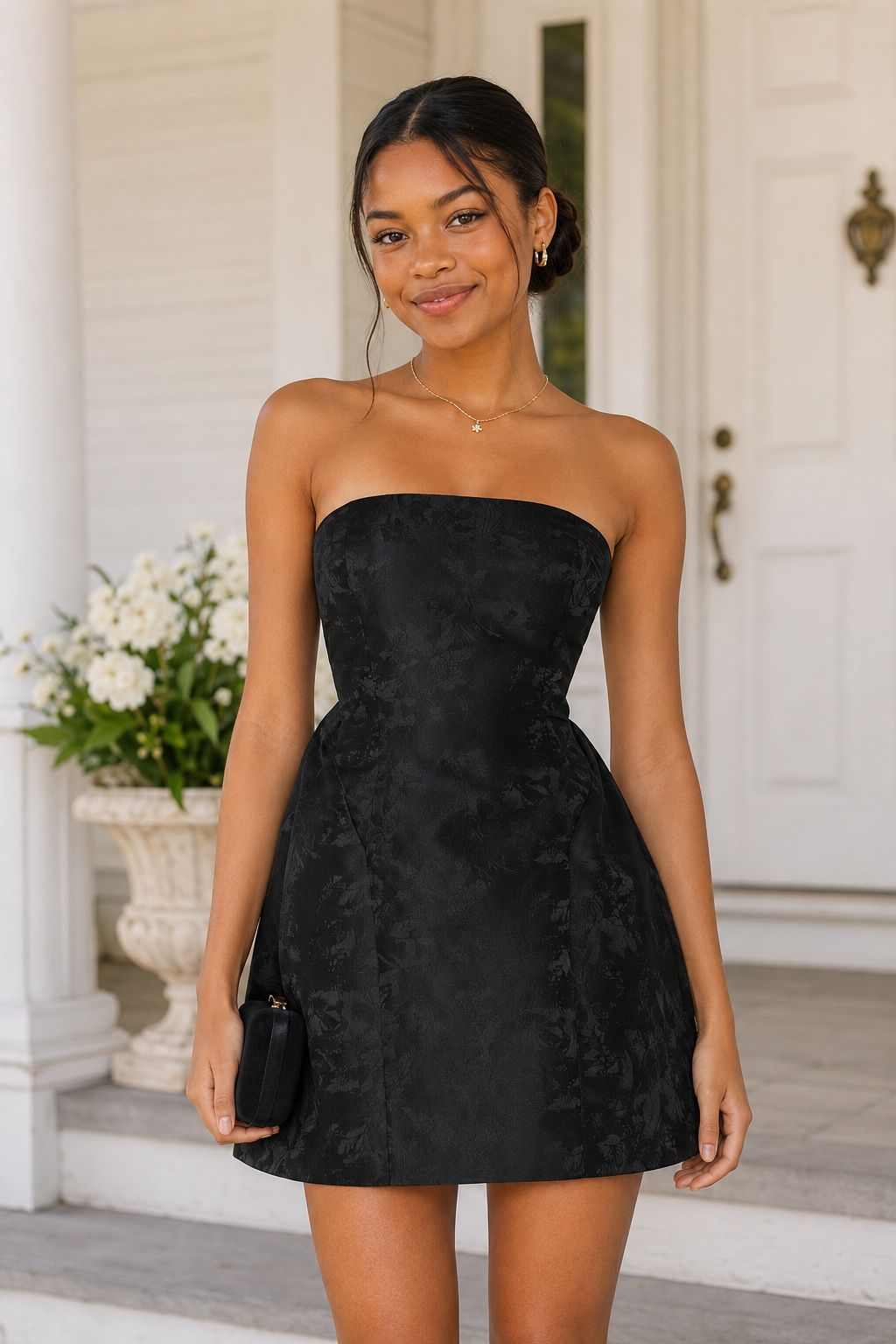Strapless Jacquard Mini Dress with Back Bow