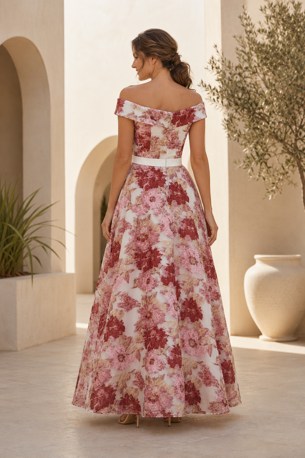 Floral Print Off-the-Shoulder A-Line Evening Gown