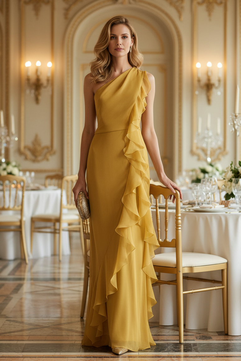 One Shoulder Ruffle Slit Evening Gown