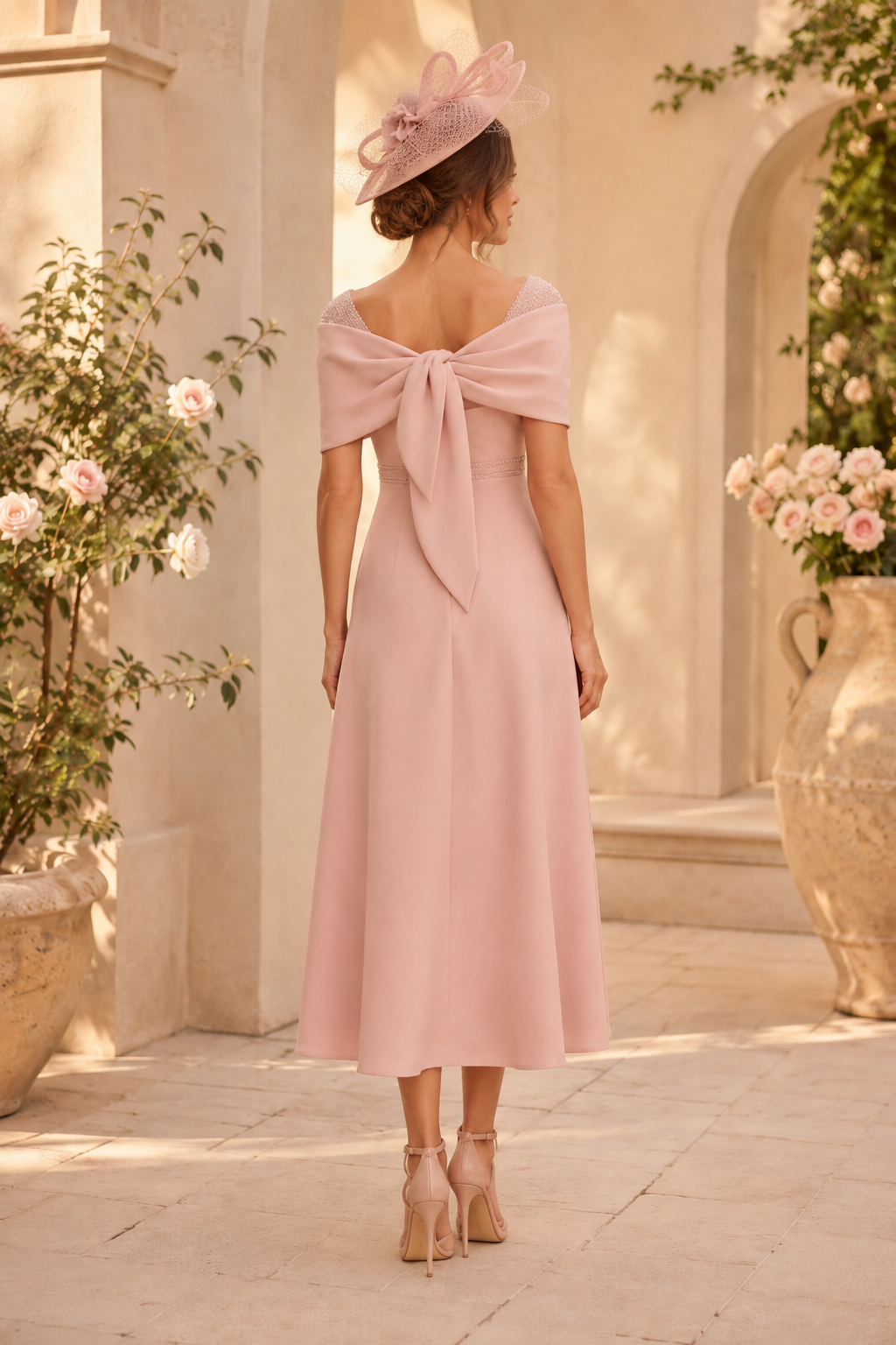 Off-the-Shoulder Midi Dress with Bow-Tie Back Detail