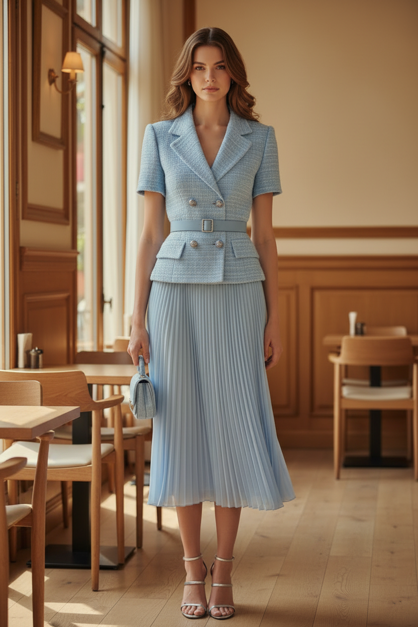 Tailored Jacket & Pleated Midi Skirt Set