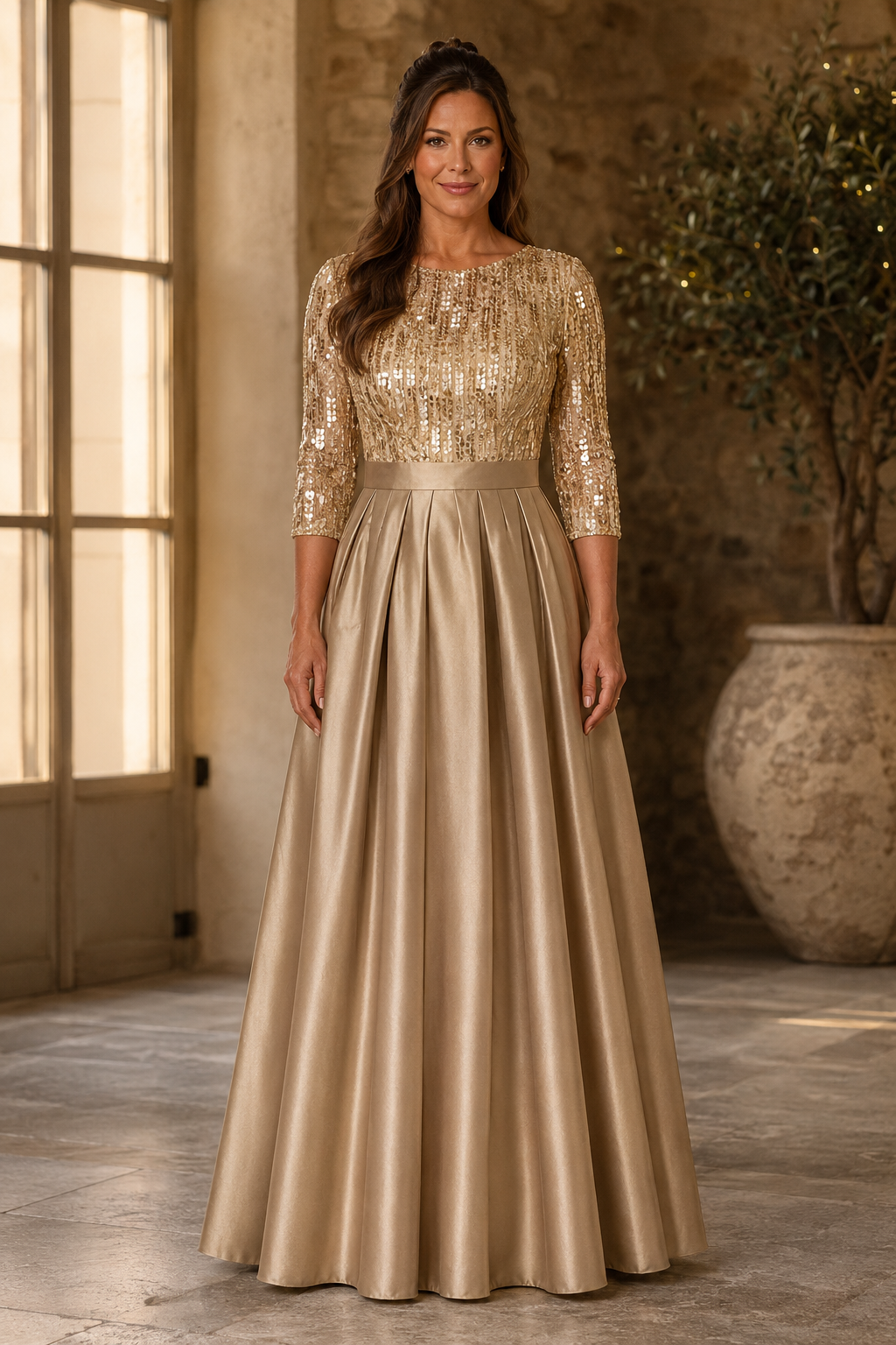 Sequin Bodice Pleated A-Line Gown with 3/4 Sleeves