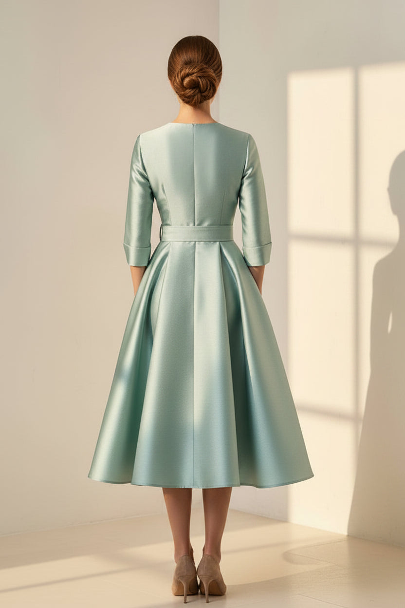 Satin A-Line Midi Dress with Floral Brooch