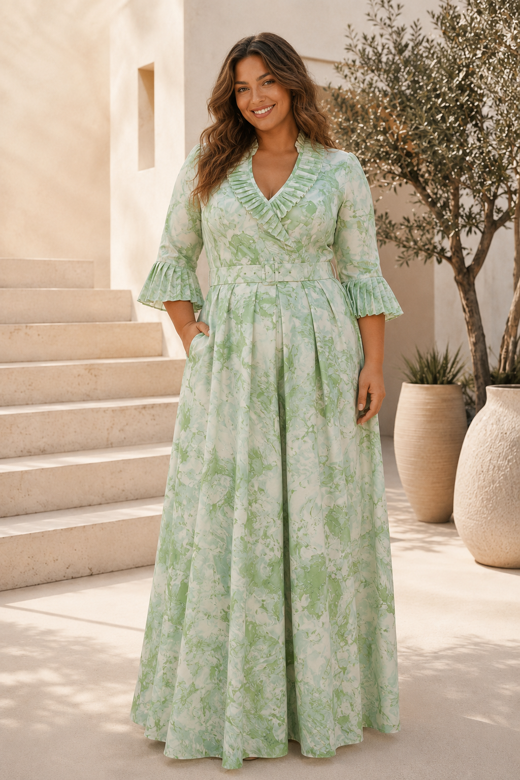 Pleated Ruffle A-Line Maxi Dress with Pockets