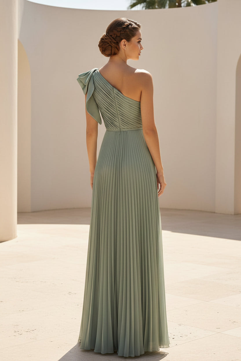 One Shoulder Pleated Chiffon Formal Evening Gown