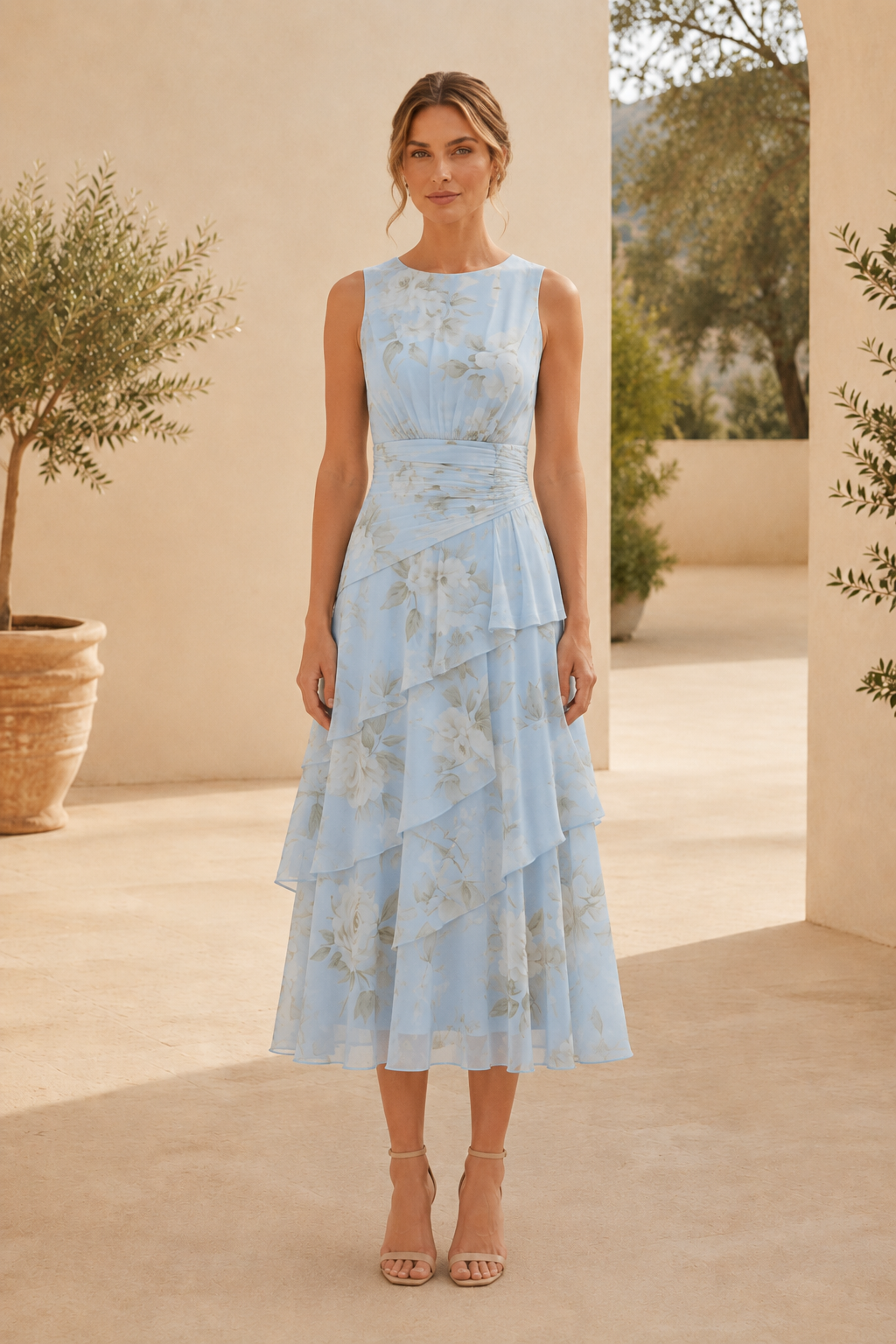 Floral Tiered Midi Dress with 3/4-Sleeve Jacket