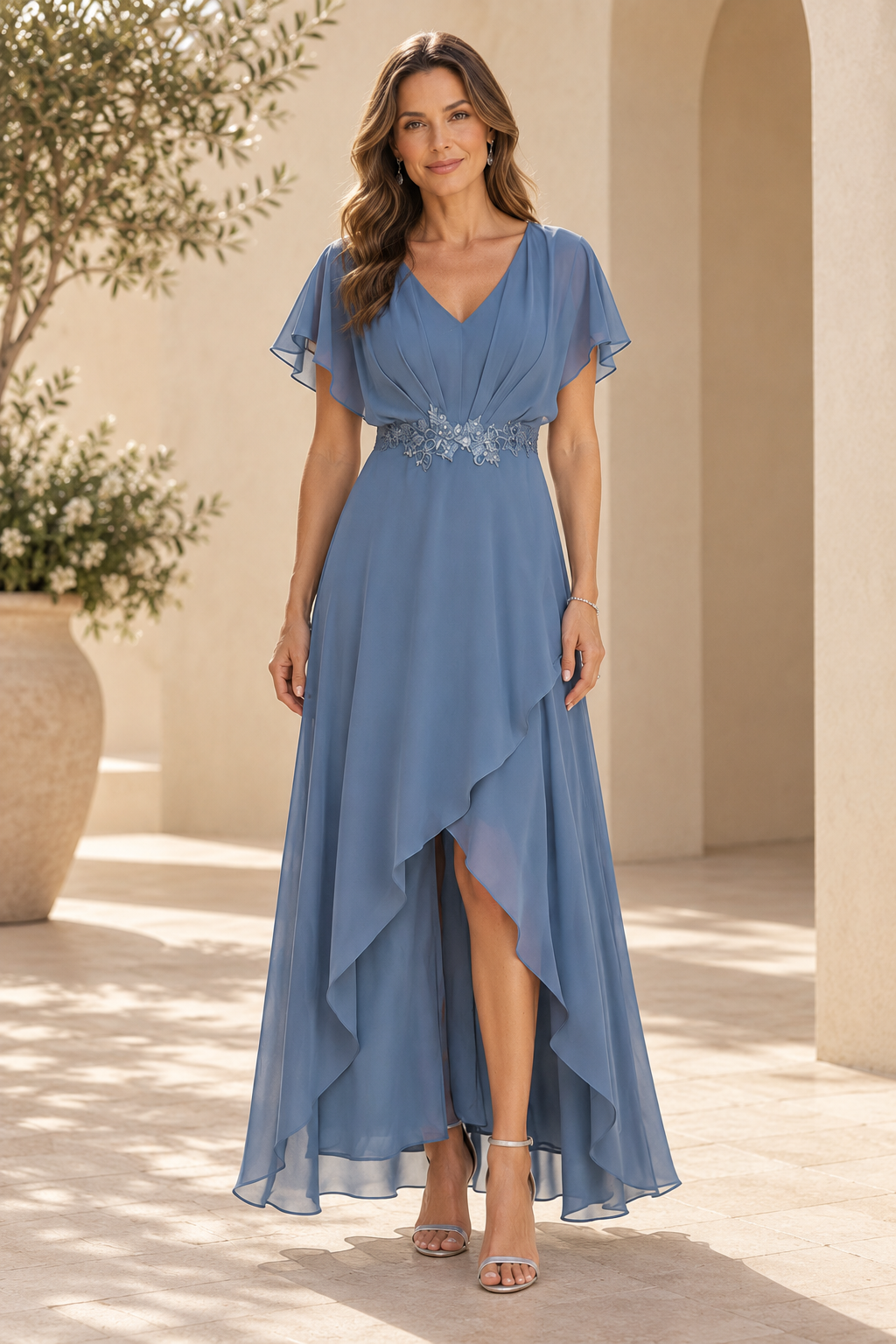 Flutter Sleeve High-Low Chiffon Formal Dress
