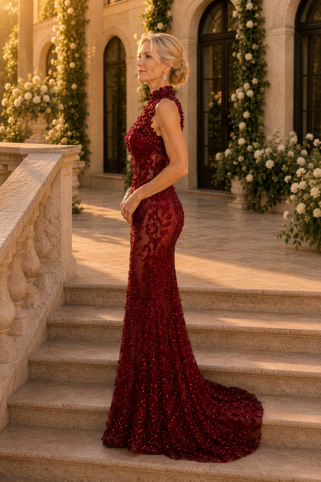 High Neck Sequin Lace Mermaid Evening Gown