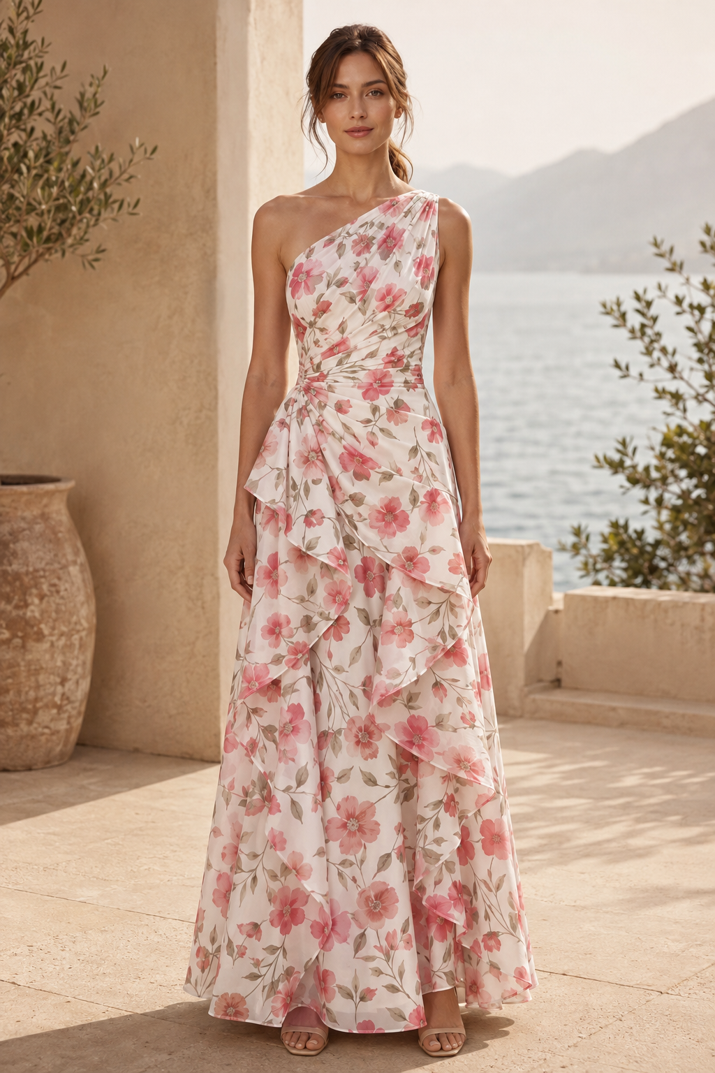 One-Shoulder Cascading Ruffle Floral Maxi Dress
