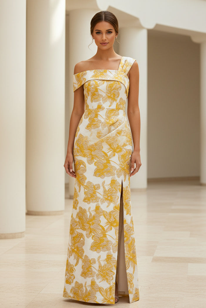 Floral Jacquard One-Shoulder Slit Evening Gown