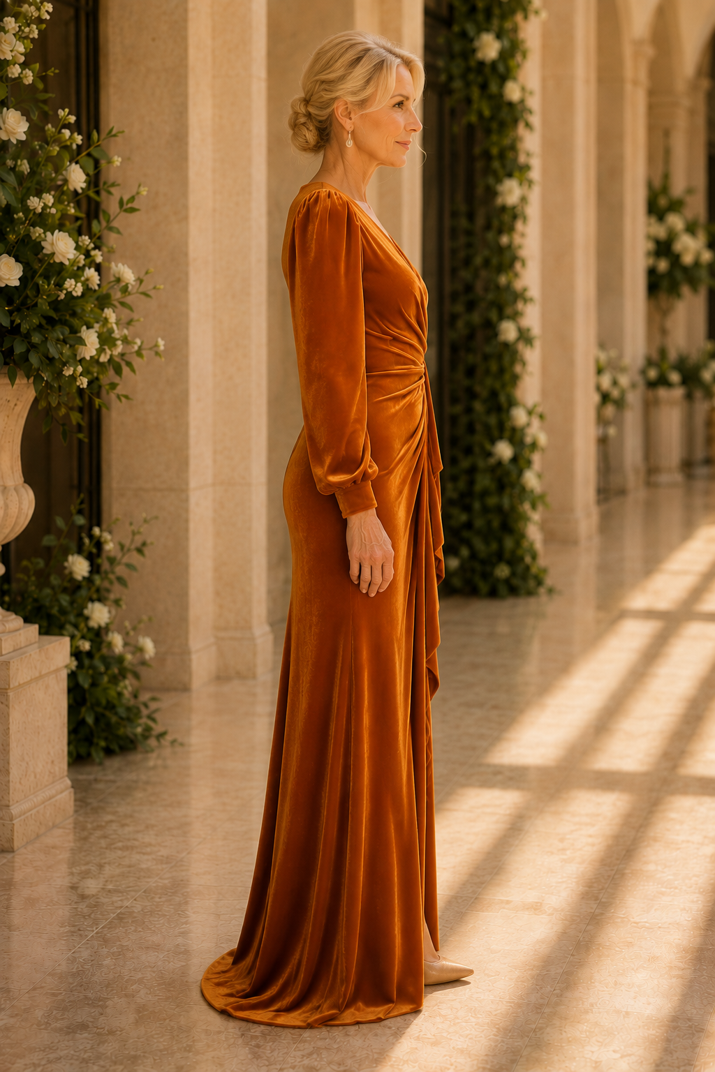 Velvet Wrap Maxi Gown with Ruffled High Slit