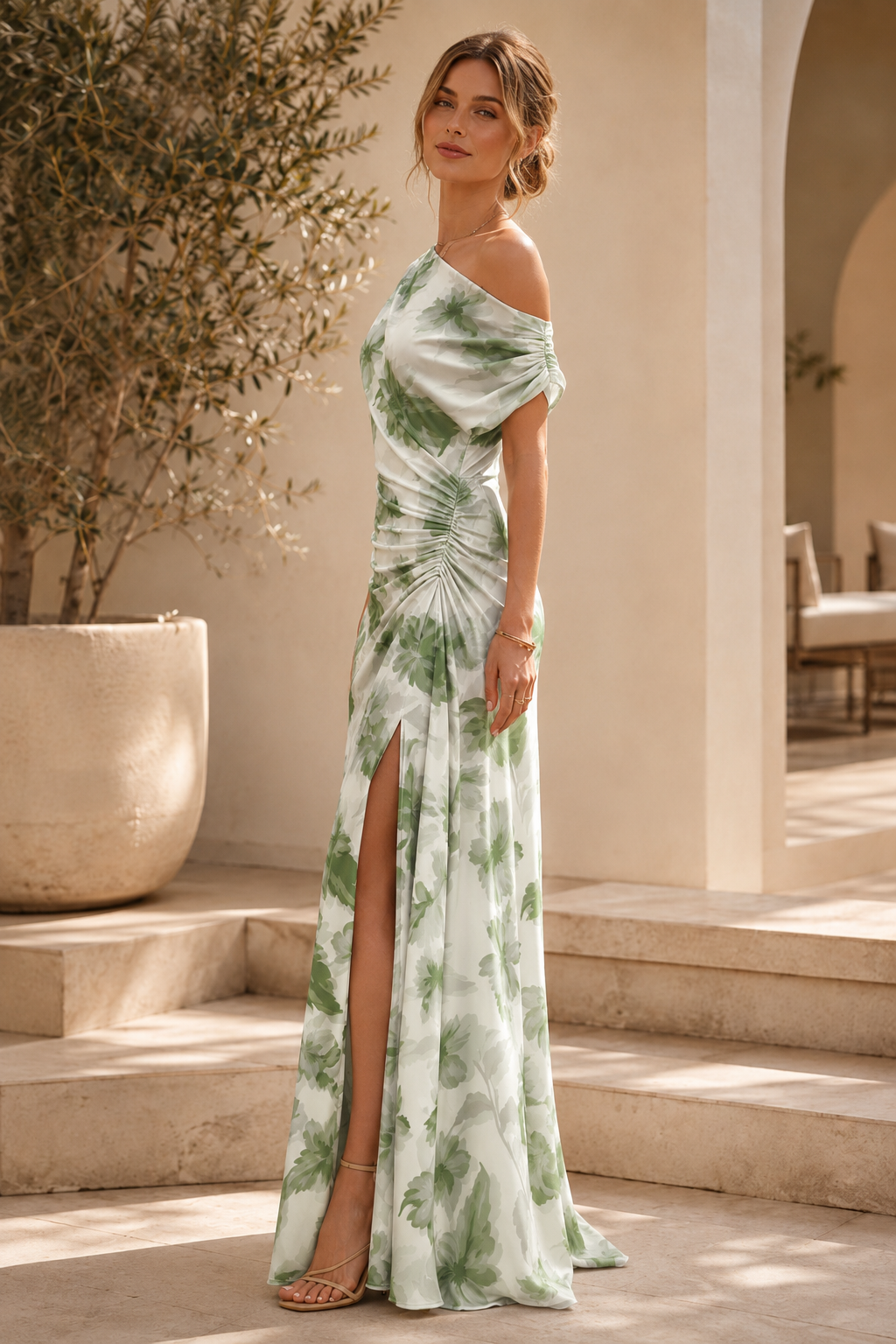 Asymmetrical Ruched Floral Maxi Dress with Slit