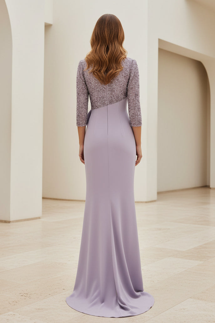 Sequined 3/4 Sleeve Evening Gown with Bow
