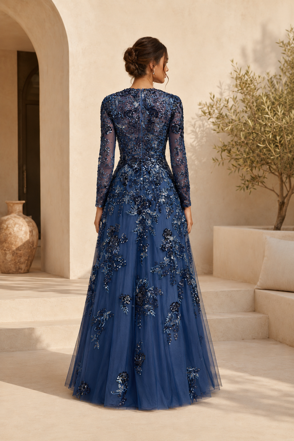 Floral Embroidered Long Sleeve A-Line Evening Gown