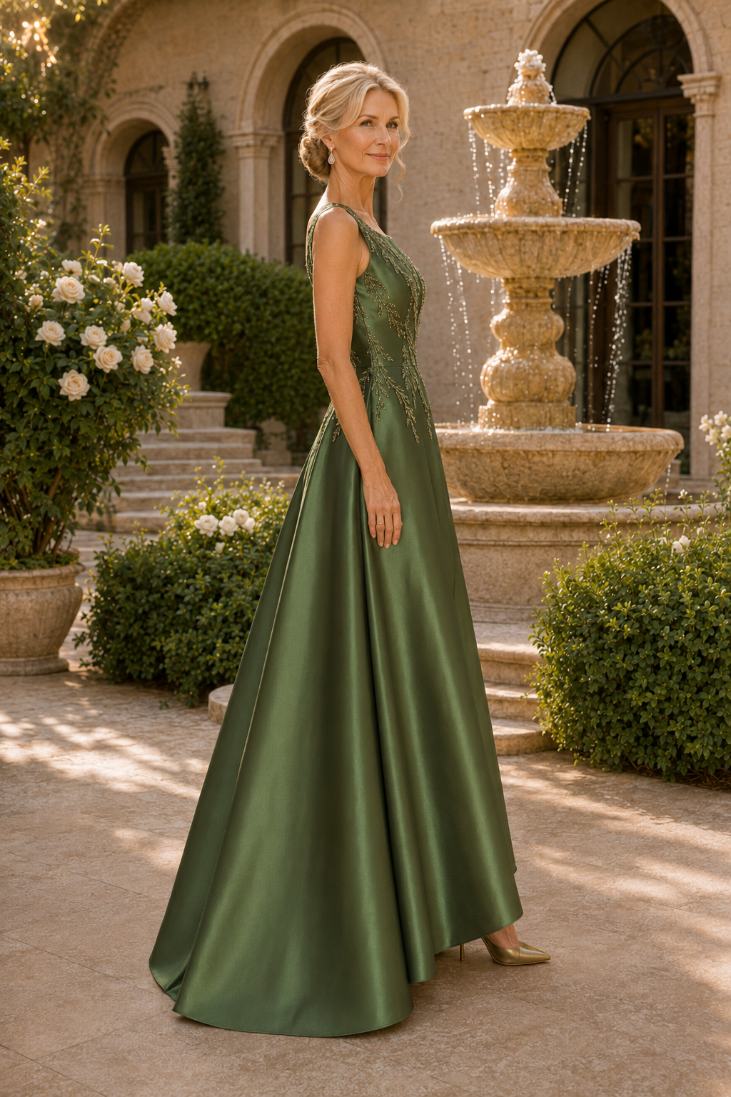One-Shoulder Beaded Satin A-Line Evening Gown
