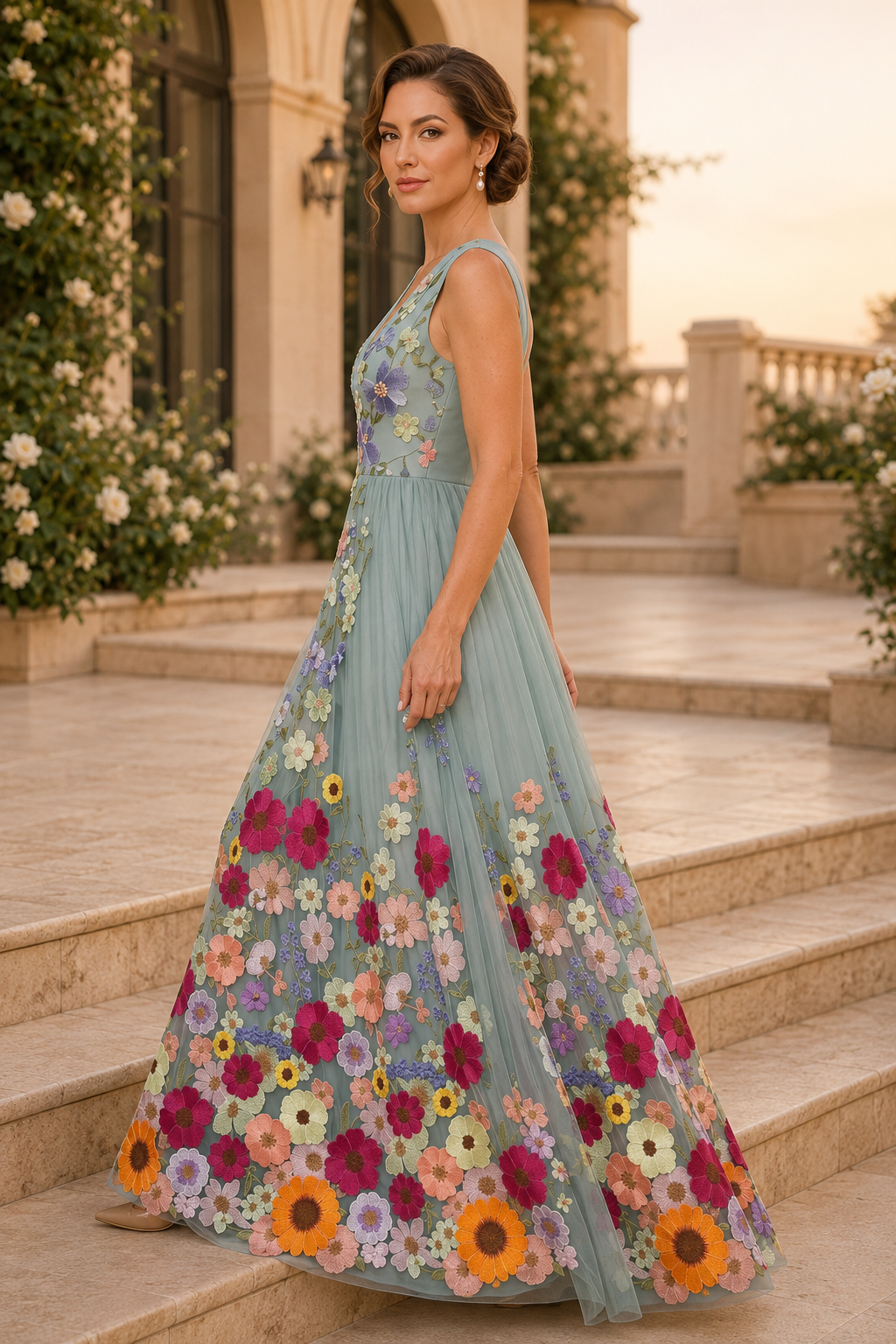 3D Floral Applique V-Neck Tulle Evening Gown