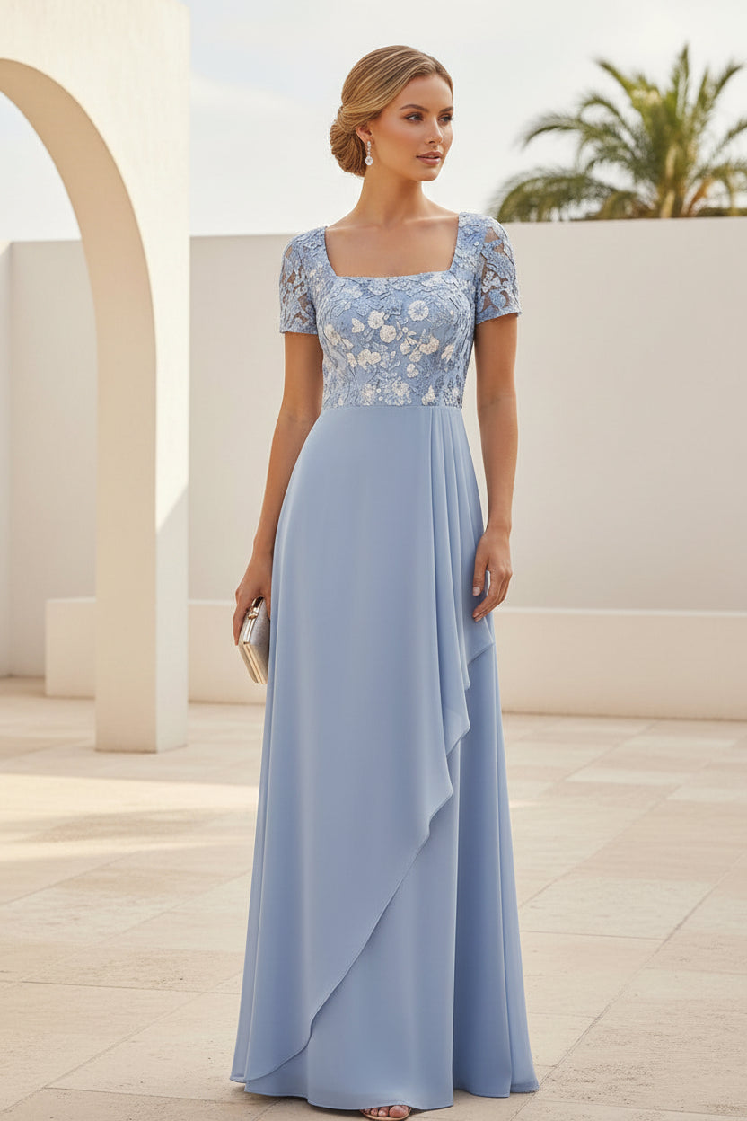 Square Neck Lace Bodice Chiffon A-Line Formal Gown