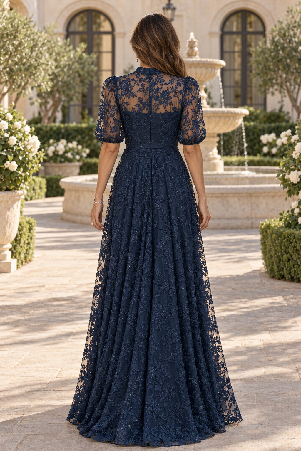 Floral Lace A-Line Gown with Elbow Sleeves