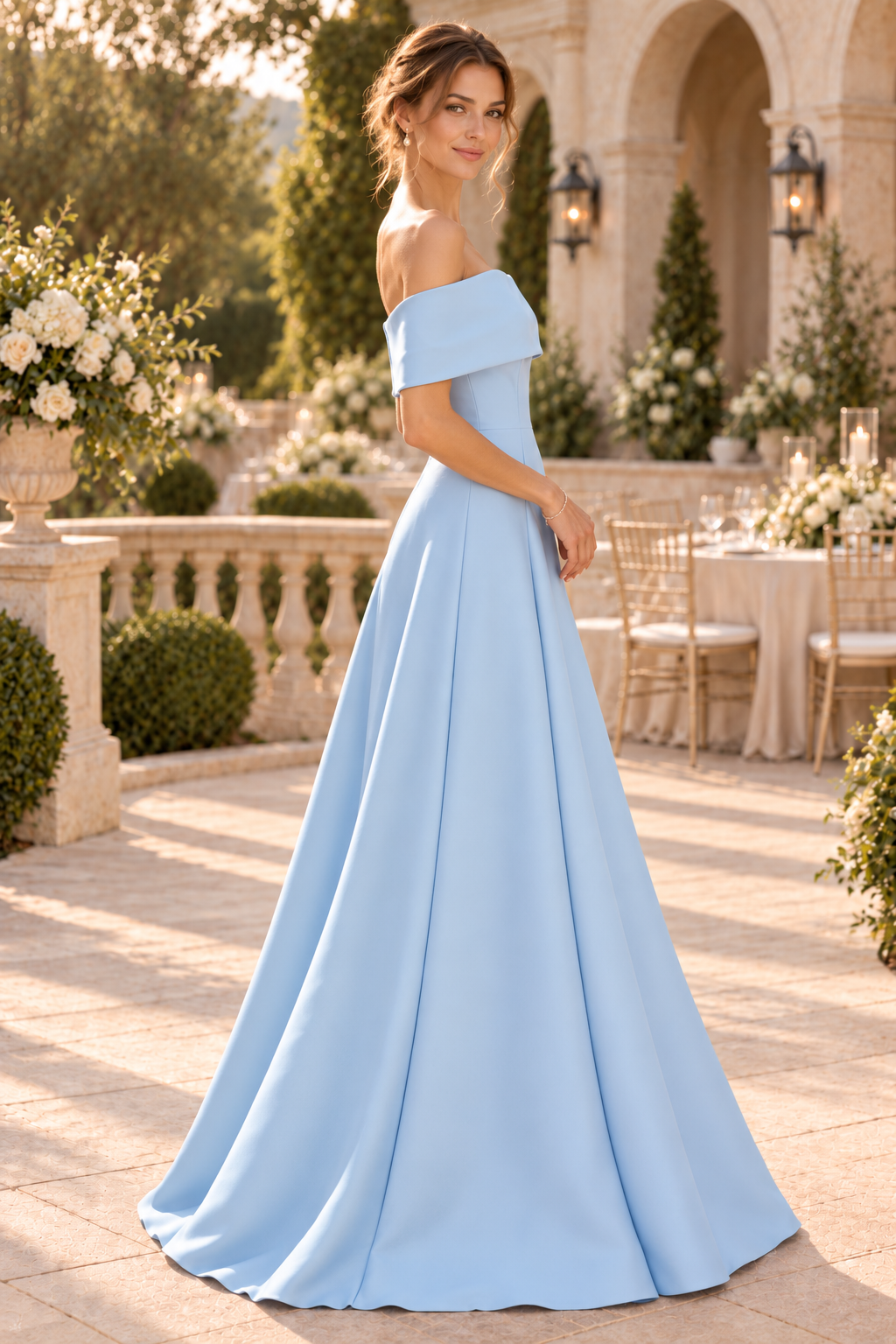 Off-the-Shoulder Pleated A-Line Evening Gown