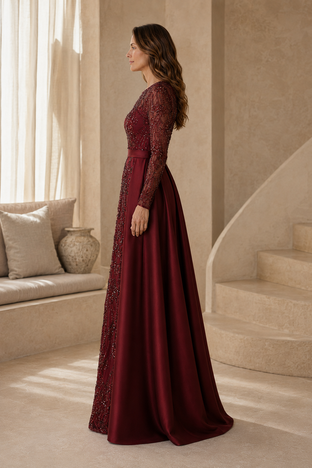 Beaded Long Sleeve Gown with Satin Overskirt