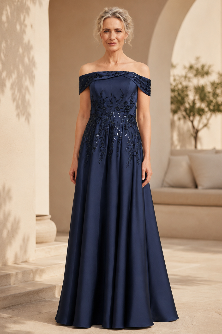Off-the-Shoulder Sequin Applique A-Line Evening Gown