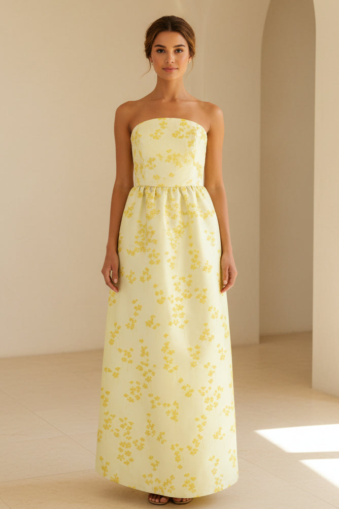 Strapless A-Line Maxi Dress with Gathered Waist