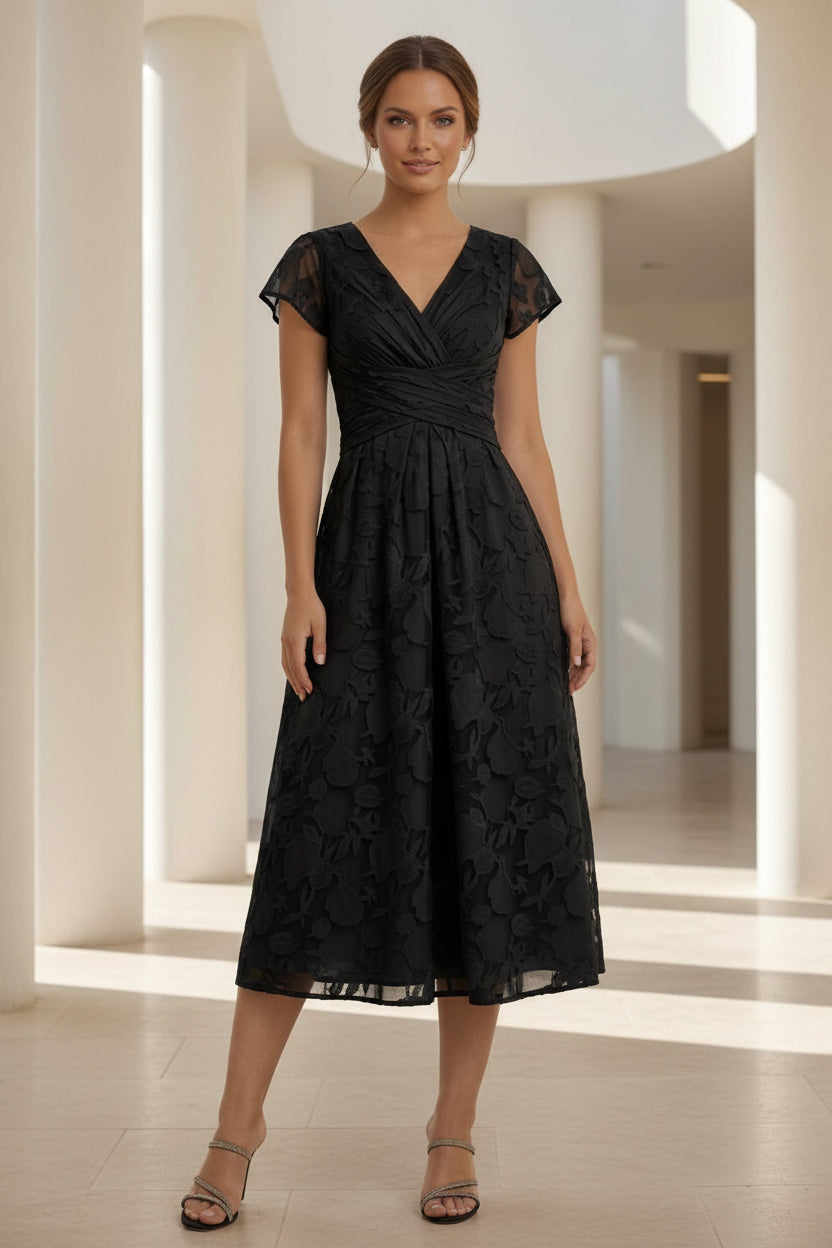 Lace Applique V-Neck Cap Sleeve Tea-Length Dress