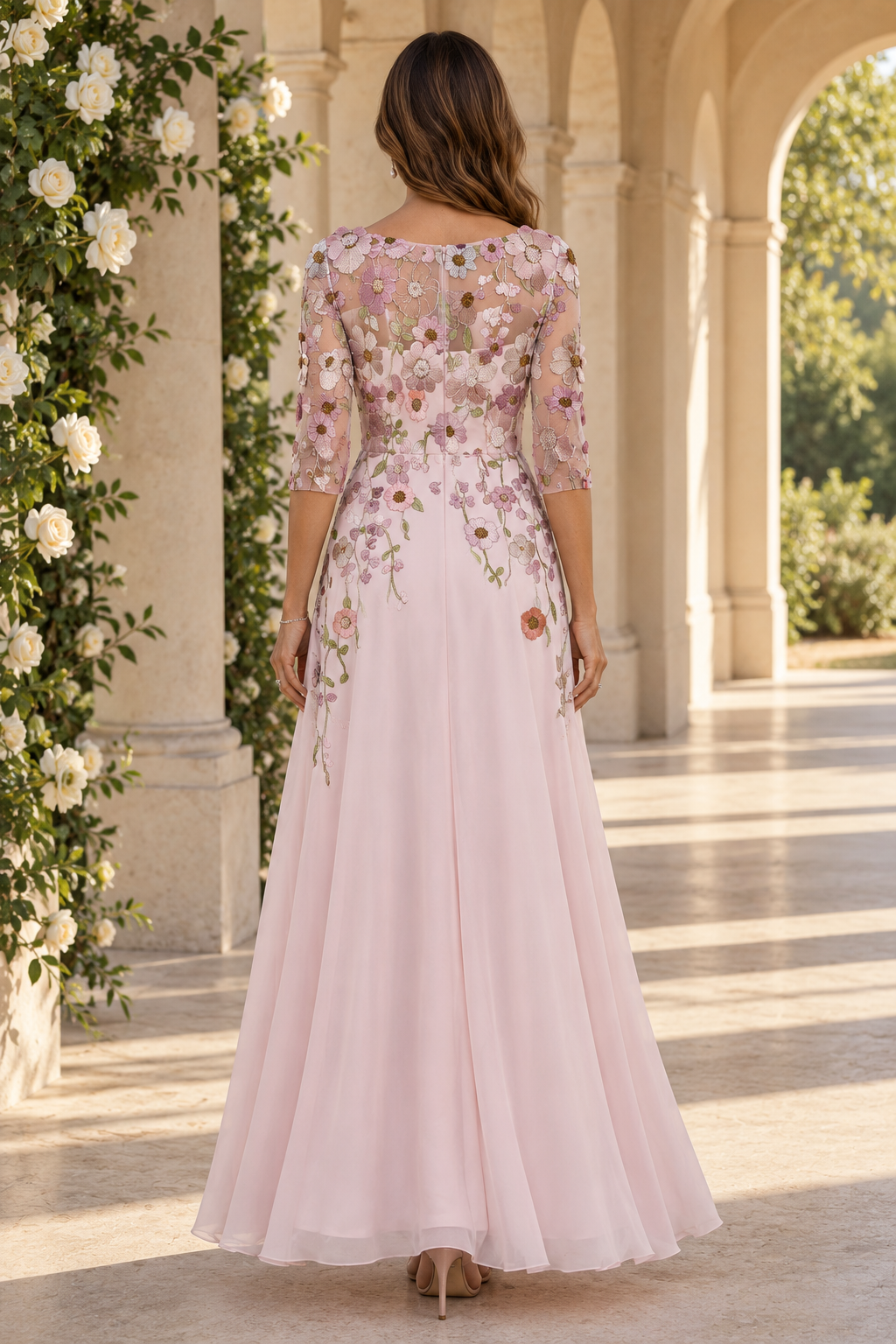 Floral Applique Illusion Maxi Dress