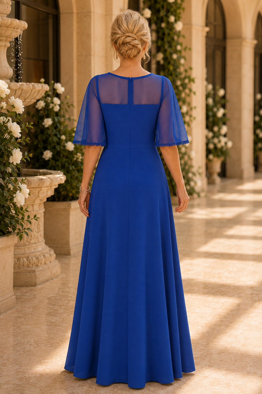 Embroidered Floral Illusion Gown with Flutter Sleeves