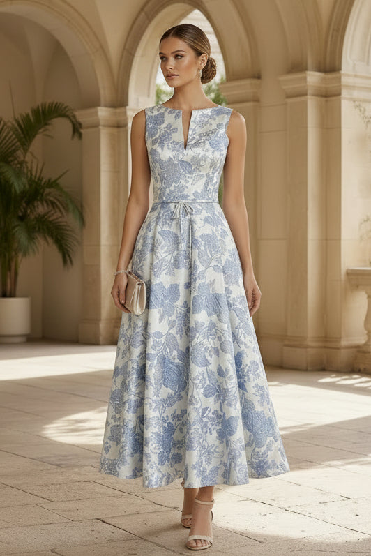 Floral Jacquard A-Line Tea-Length Dress