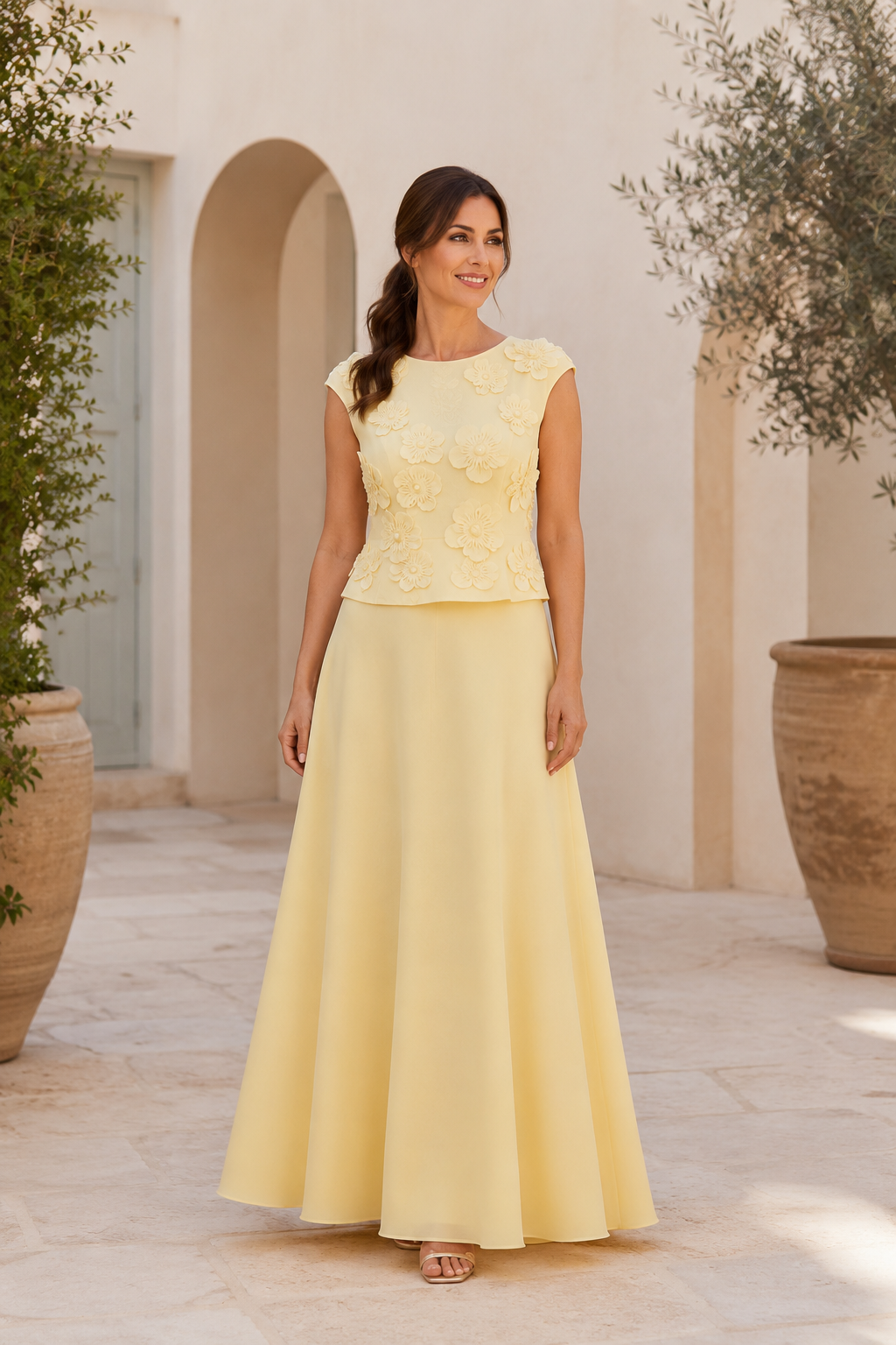Two-Piece A-Line Evening Gown with 3D Floral Top