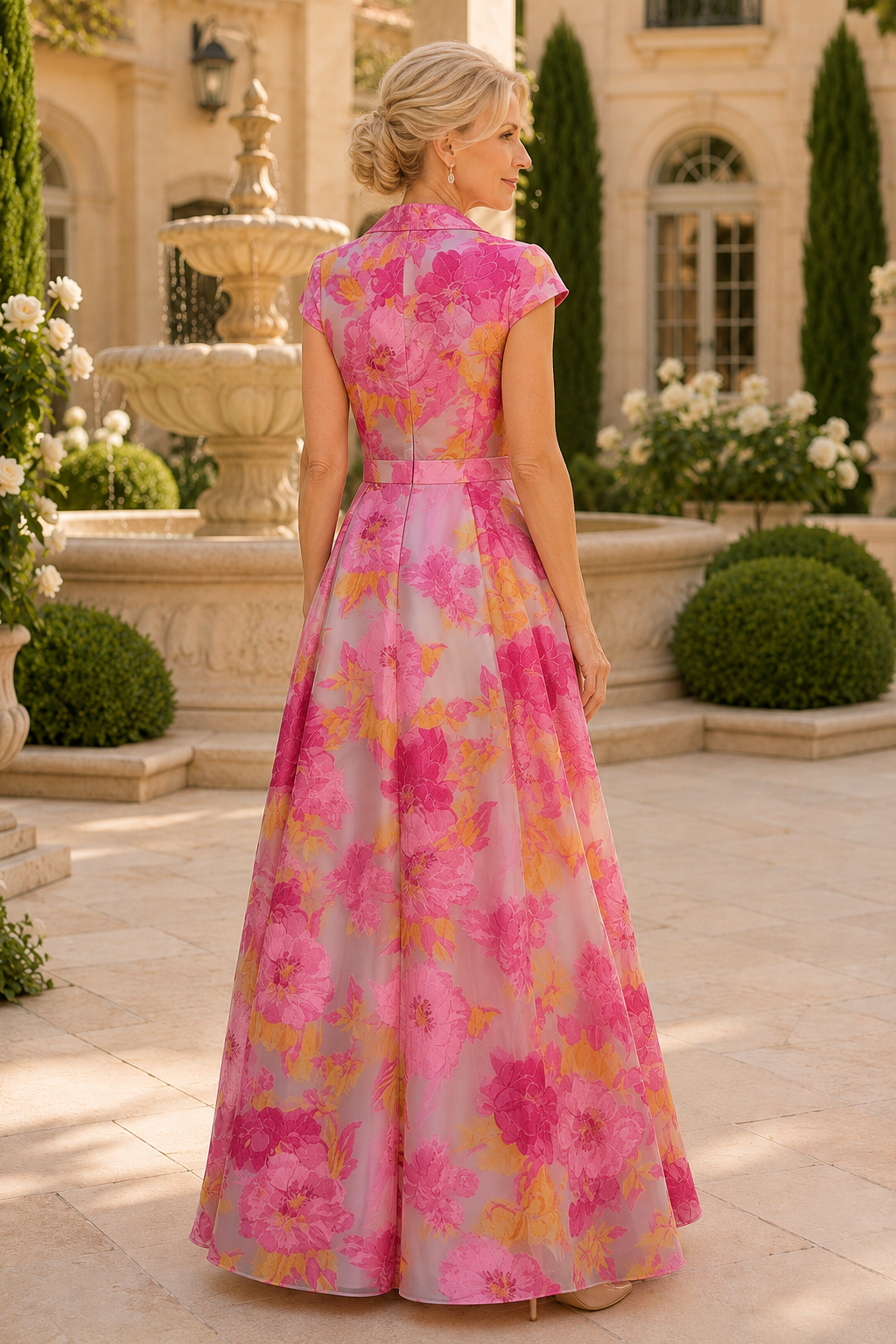 Floral Collared V-Neck A-Line Evening Gown