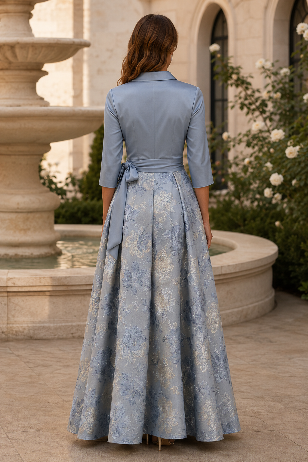 Collared Floral Brocade A-Line Evening Gown
