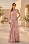 One-Shoulder Shimmer Gown with Side Ruffle