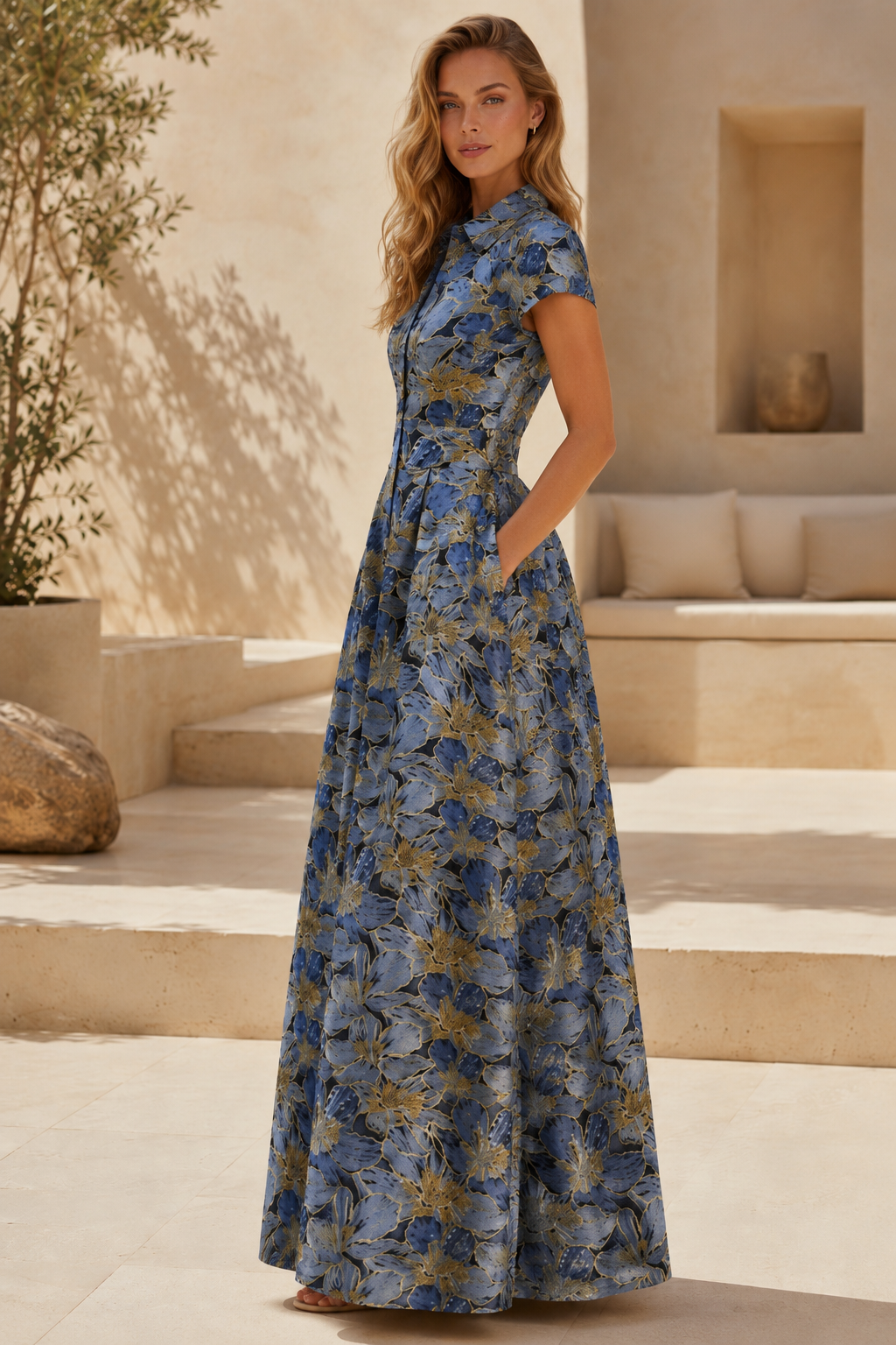 Floral Collared Short Sleeve Maxi Dress with Pockets