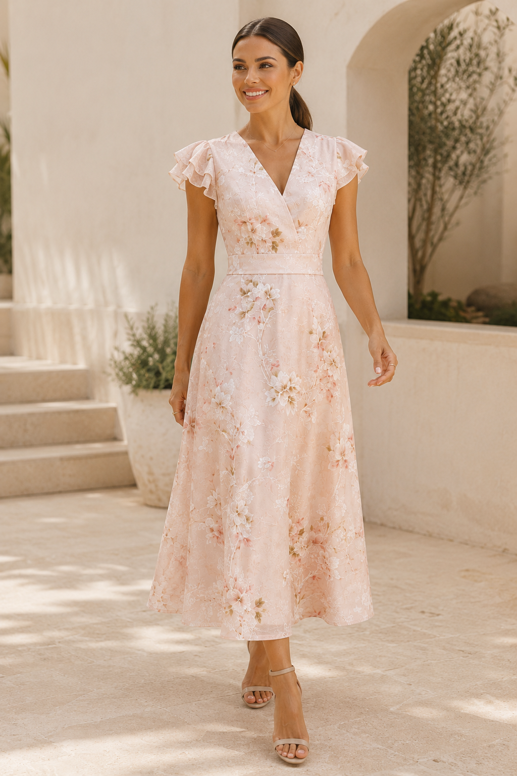 Floral V-Neck Midi Dress with Flutter Sleeves
