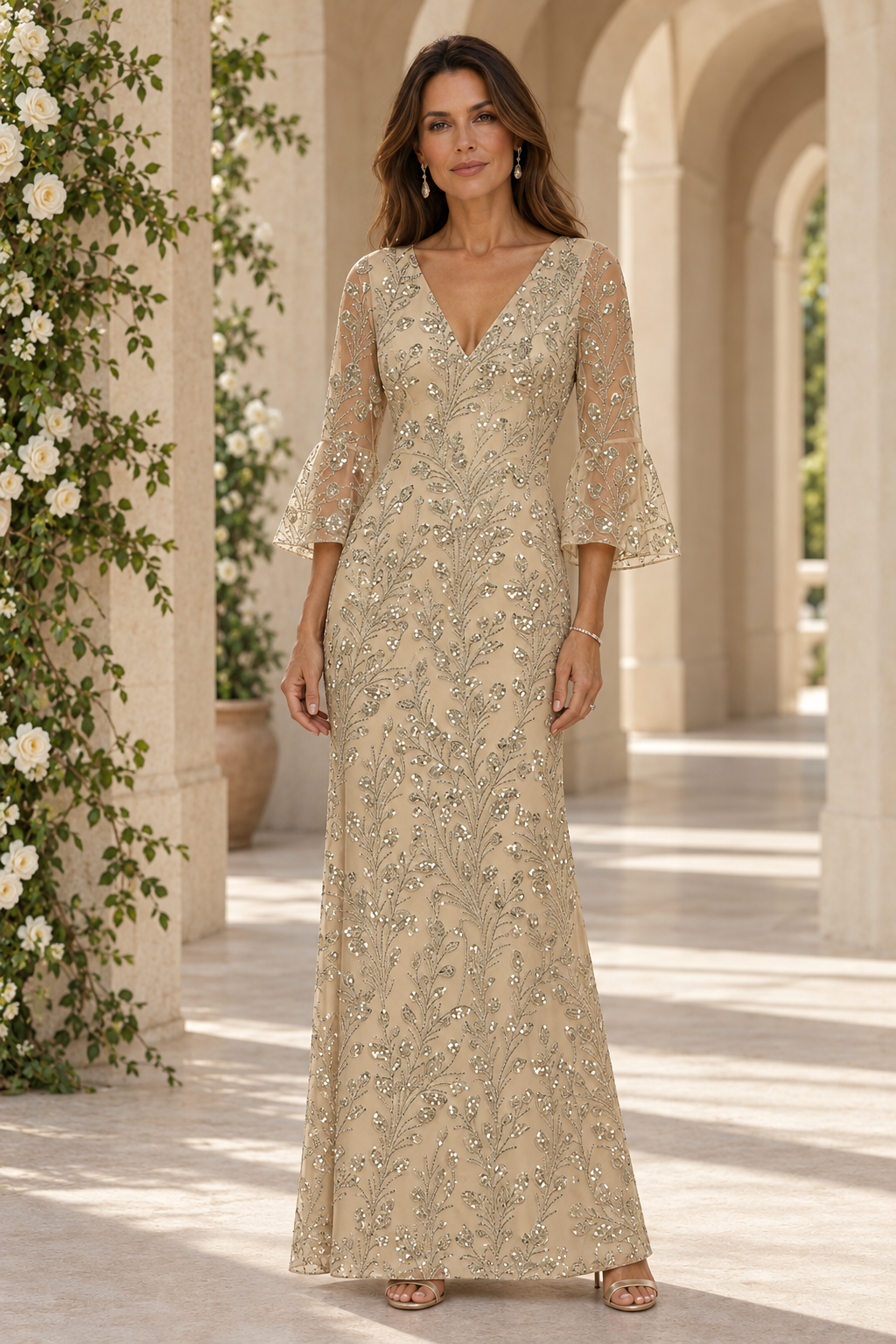 V-Neck Sequin Gown with Bell Sleeves