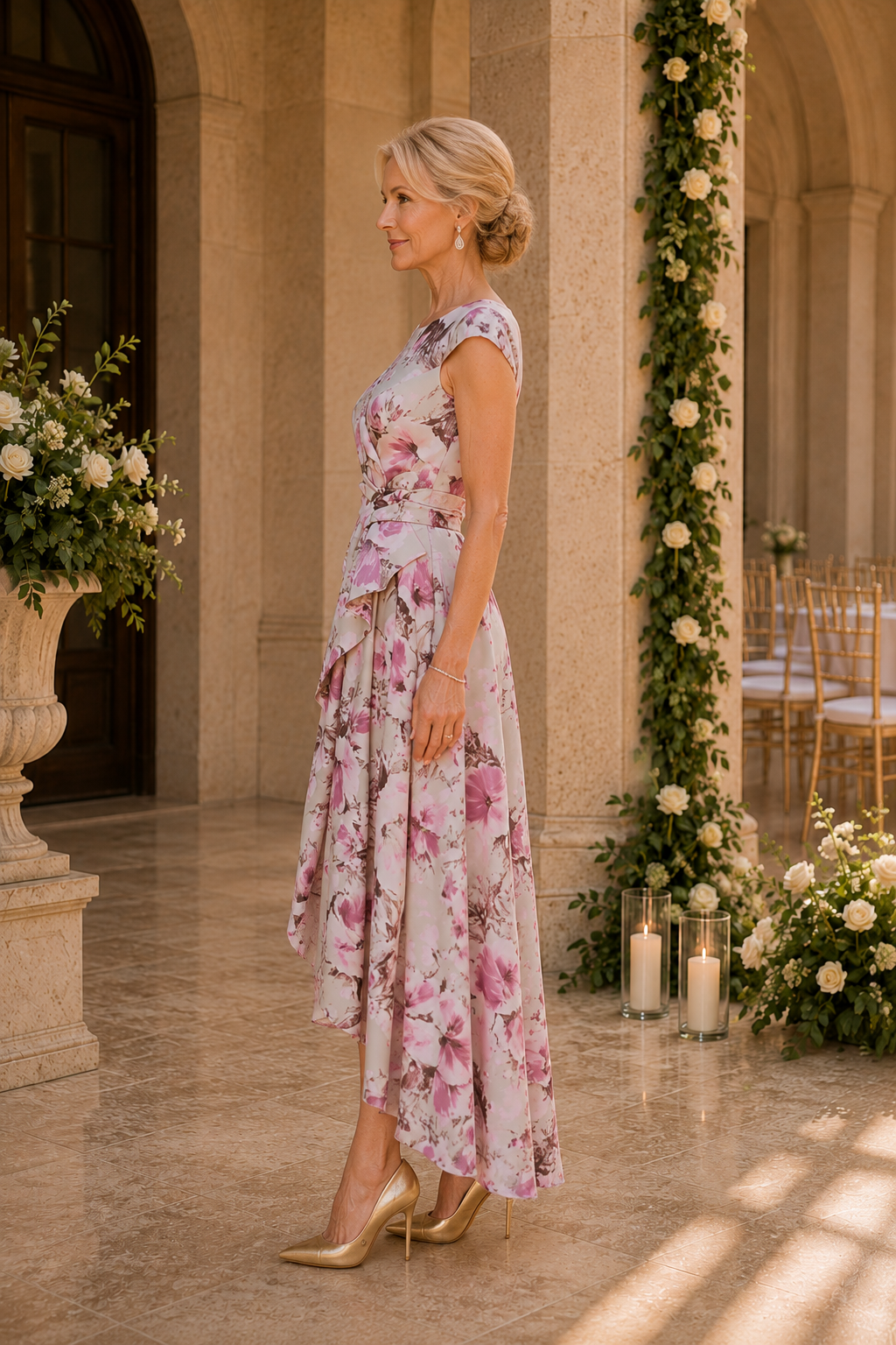 Floral Print High-Low A-Line Dress with Cap Sleeves