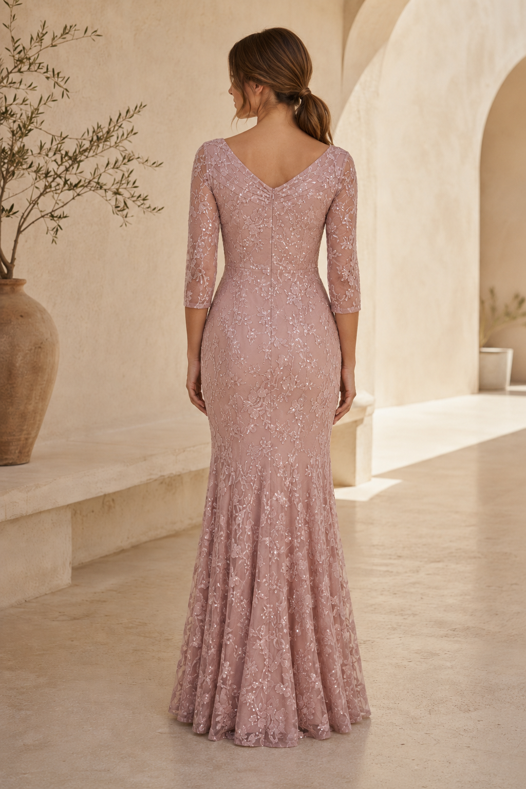 Elegant V-Neck 3/4 Sleeve Mermaid Lace Gown