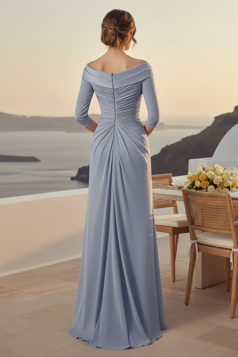 Off-The-Shoulder Ruched Gown with Cascade Drape