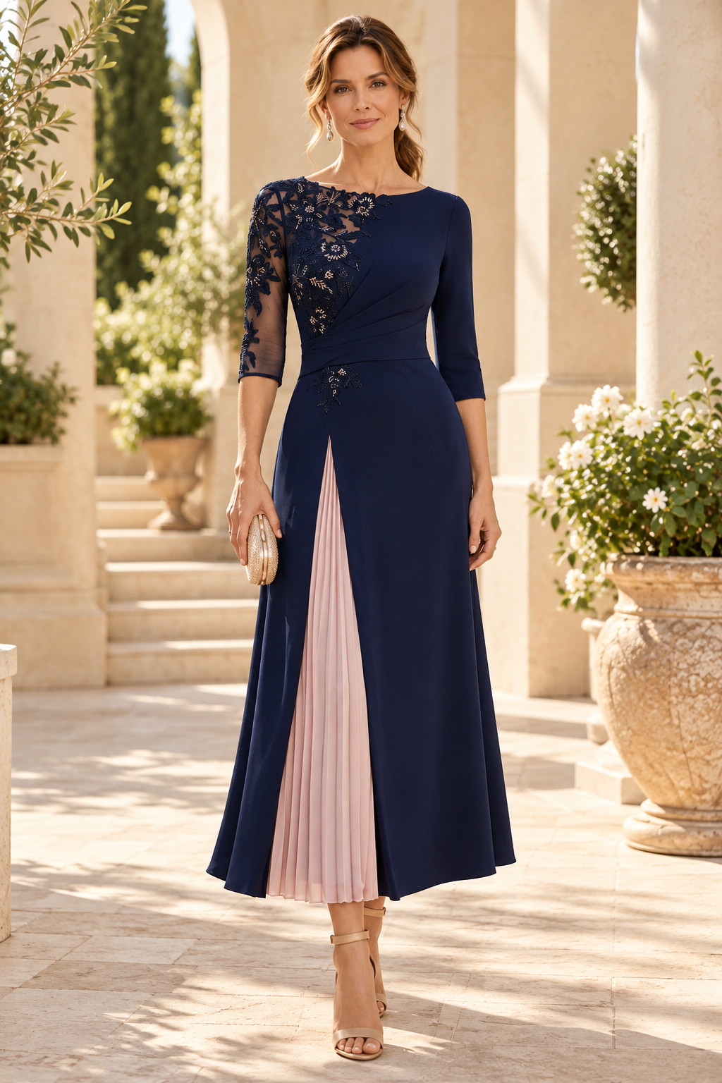 A-Line Ankle Dress with Lace Bodice & Inset