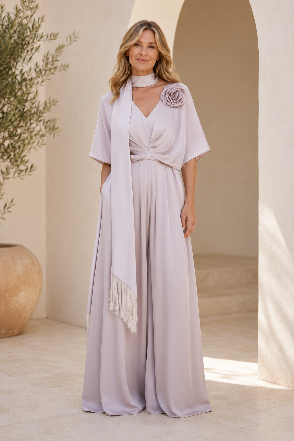 Wide-Leg Jumpsuit with Scarf and Floral Applique