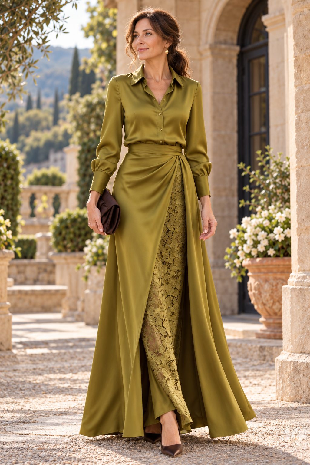 Collared Satin Evening Gown with Lace Underlay